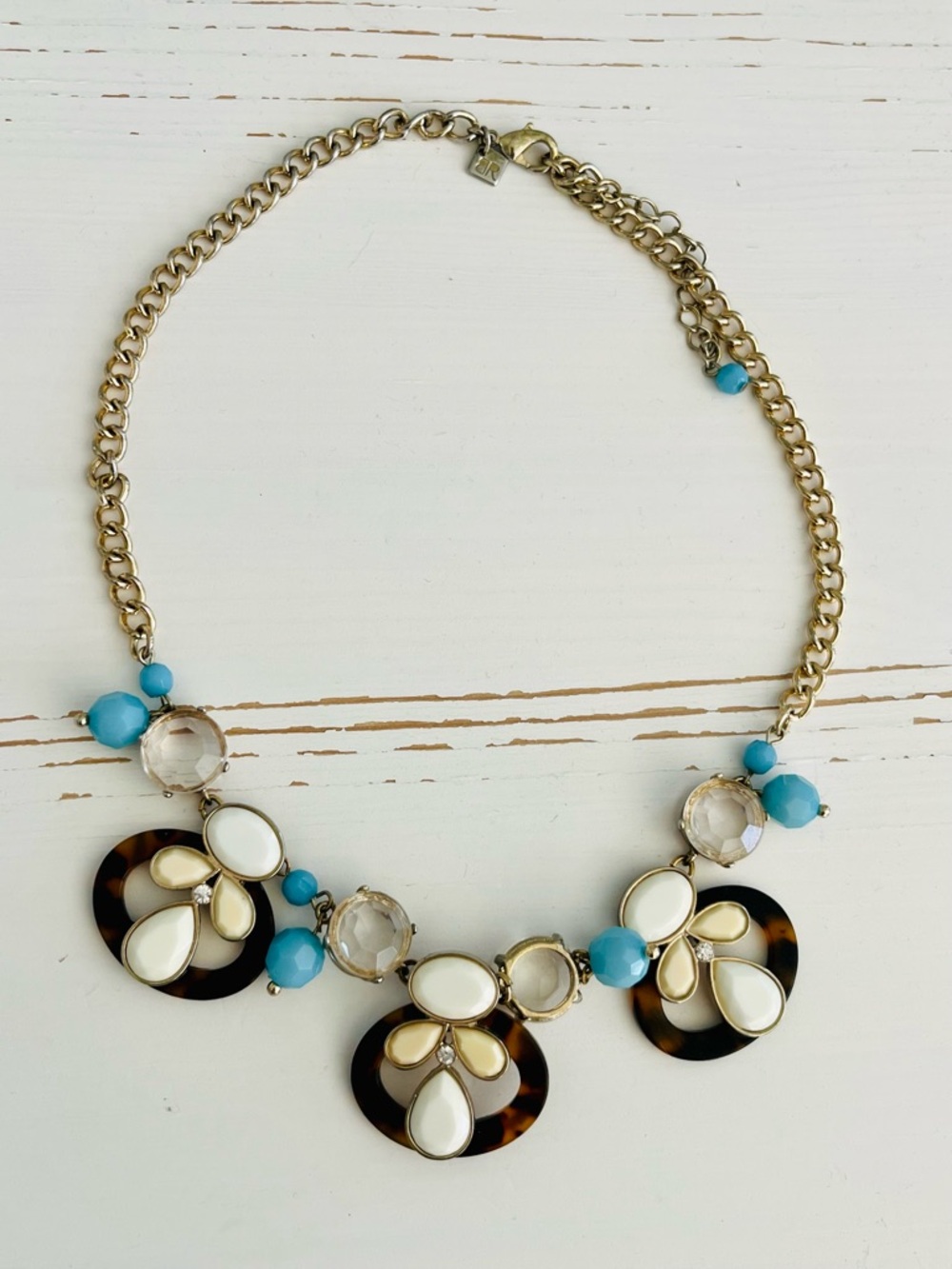 Beaded Pretty Blue, Brown & White Necklace w/ 16-18” chain